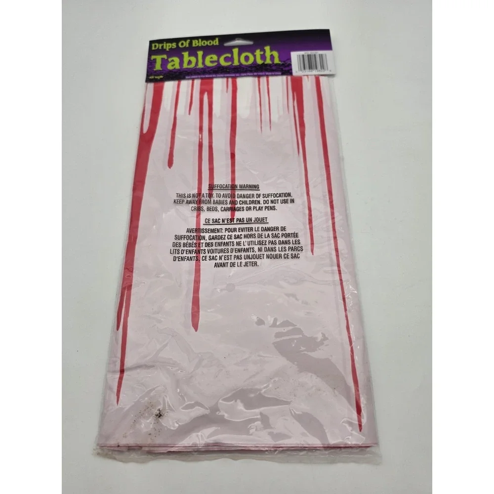 Nos Vtg Drips Of Blood Rectangular Tablecloth, Polyethylene, White, Halloween